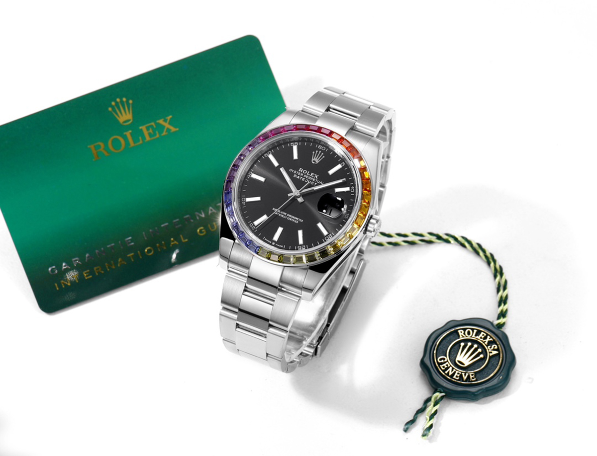 Datejust 41 Black Dial Stick Markers with Rainbow D1am0nd Bezel in Steel on Oyster Bracelet